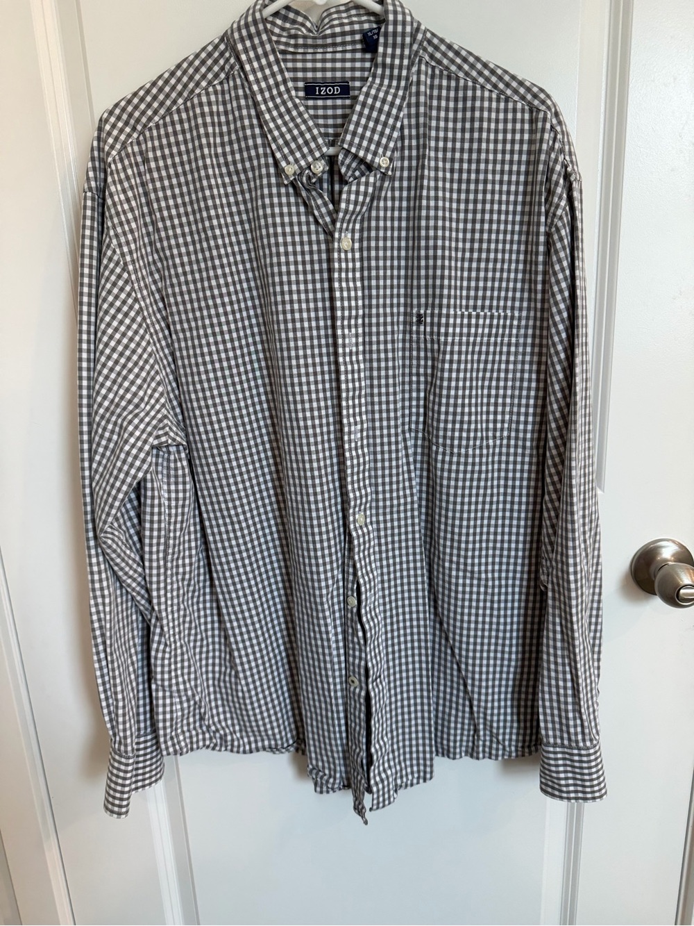 Izod Men’s Gray and White Gingham Button-Down Shirt - Classic Casual